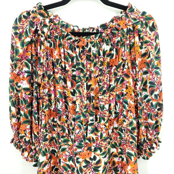 SALONI Floral Grace Silk Tea-Length Off the Shoulder Midi Dress 12 Multi Print - Picture 5 of 16